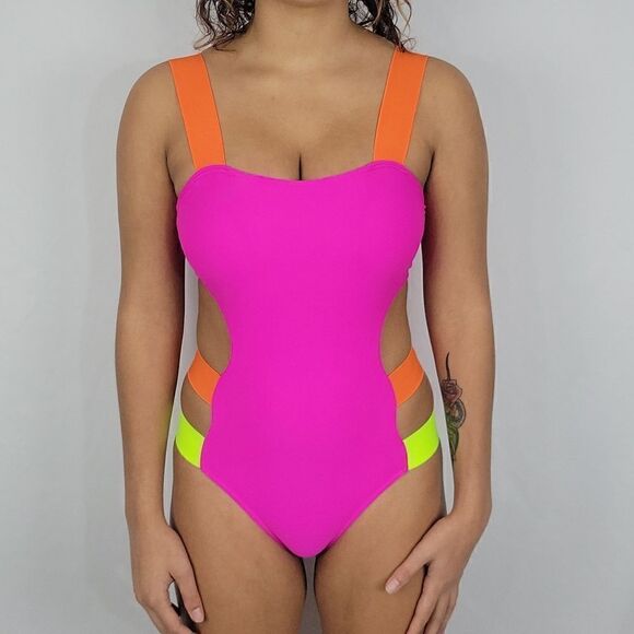 Color Block Neon Pink Orange & Yellow Barbiecore Strappy One Piece Swimsuit - Picture 1 of 3